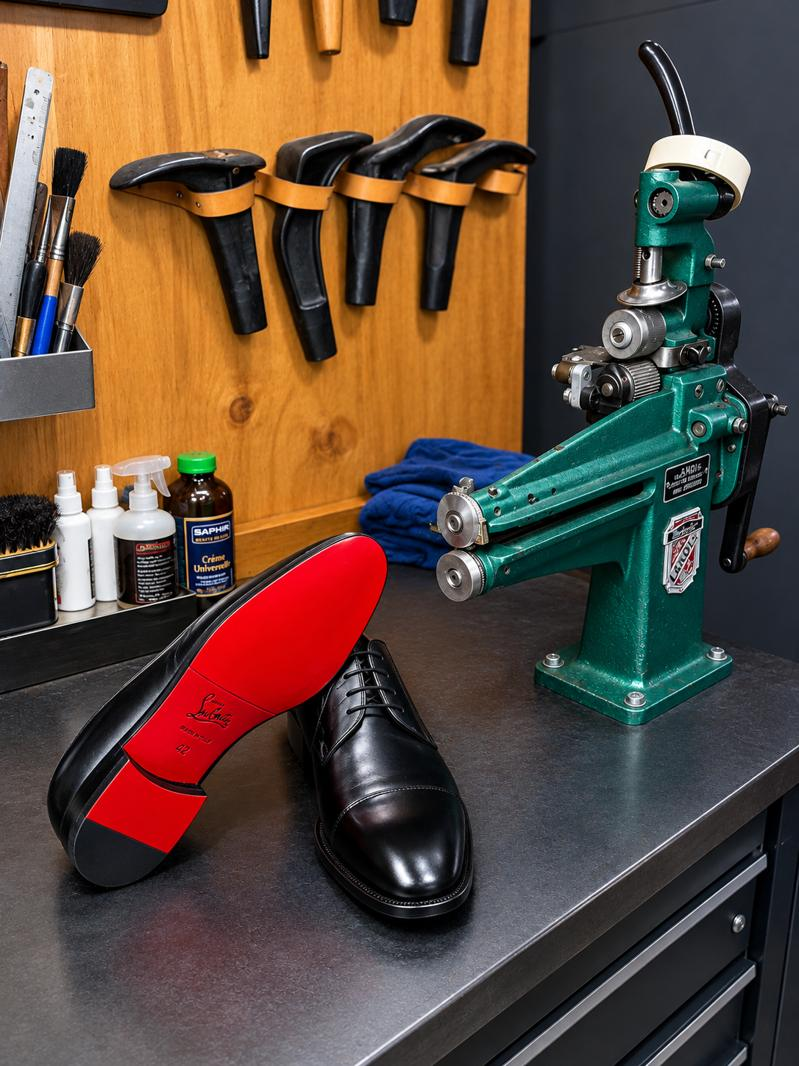 Designer Sole Care: Sole restoration and heel work on luxury dress shoes.