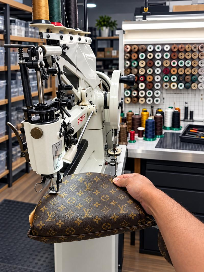 Handbag Stitching: Restitching a designer handbag on our leather sewing machine.