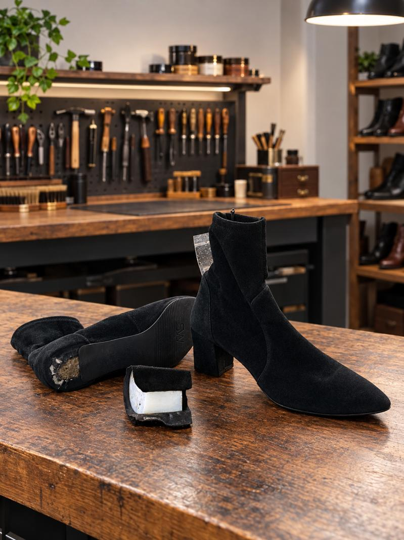 Heel Replacement: Rebuilding a broken block heel on a suede ankle boot.