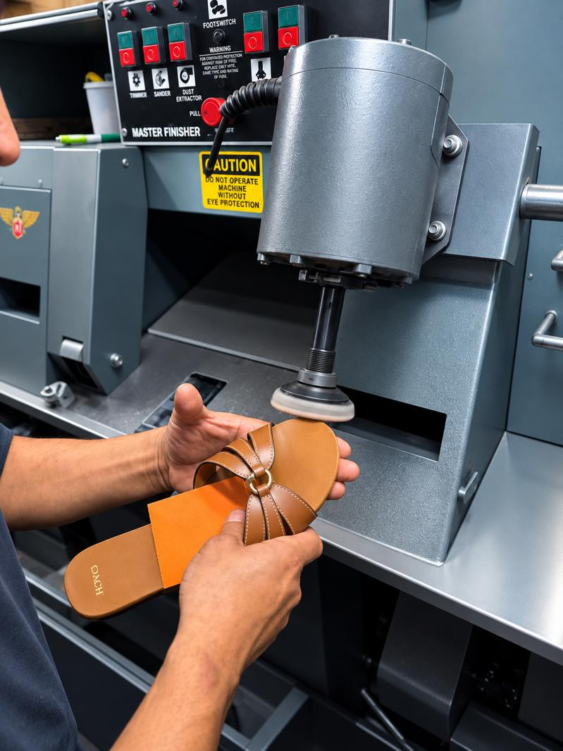 Sandal Finishing: Refinishing a leather sandal on our finishing machine.